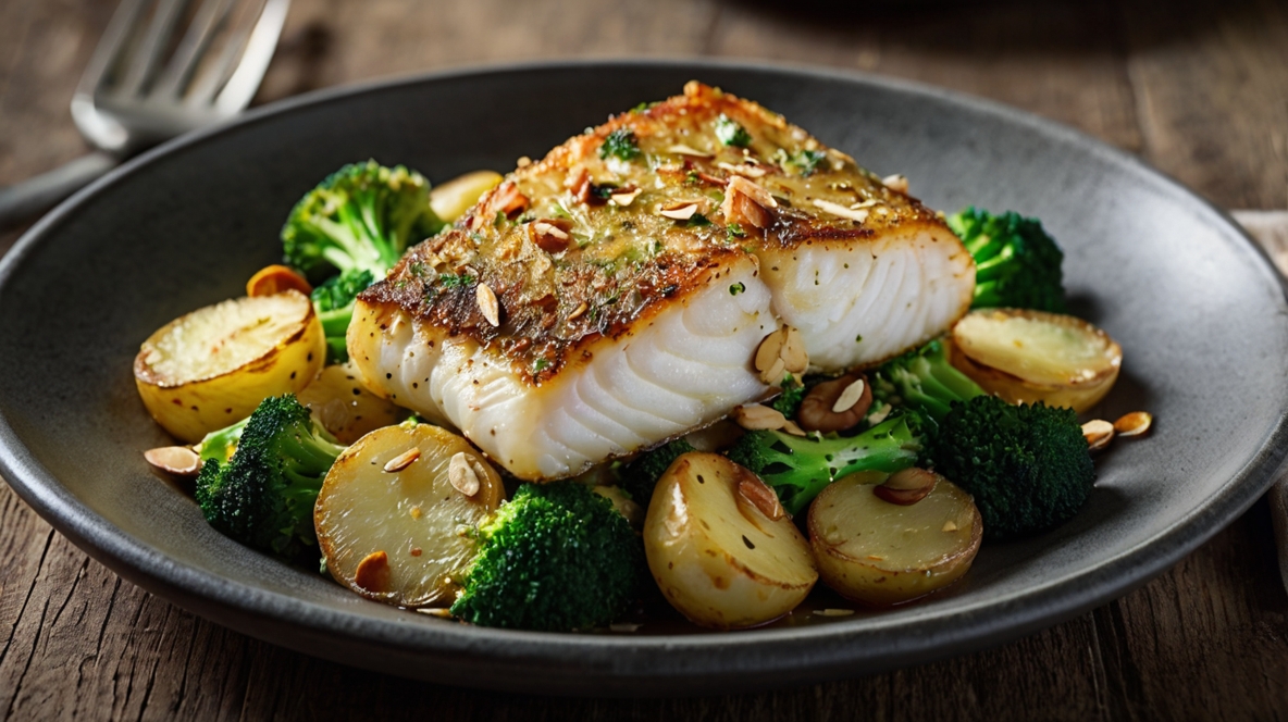 Treska s gratinovanou brokolicí, baby bramborami a mandlemi Leonardo_Kino_XL_Cod_with_gratinated_broccoli_baby_potatoes_an_3