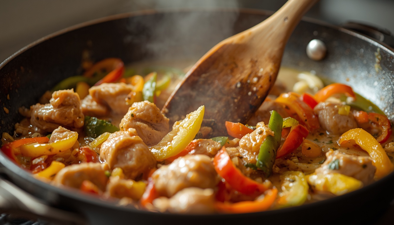 lucid-origin_Horizontal_food_photography_close-up_shot_of_stirring_chicken_strips_and_colorfu-0