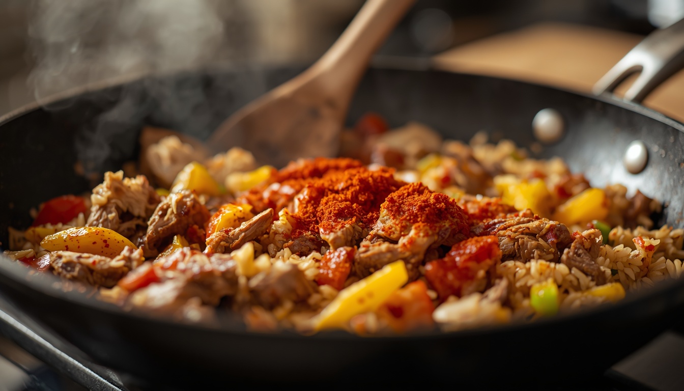 Srbské rizoto na divoko s trhaným masem a sýrovou krustou lucid-origin_Horizontal_food_photography_close-up_shot_of_stirring_shredded_pork_meat_and_ric-0