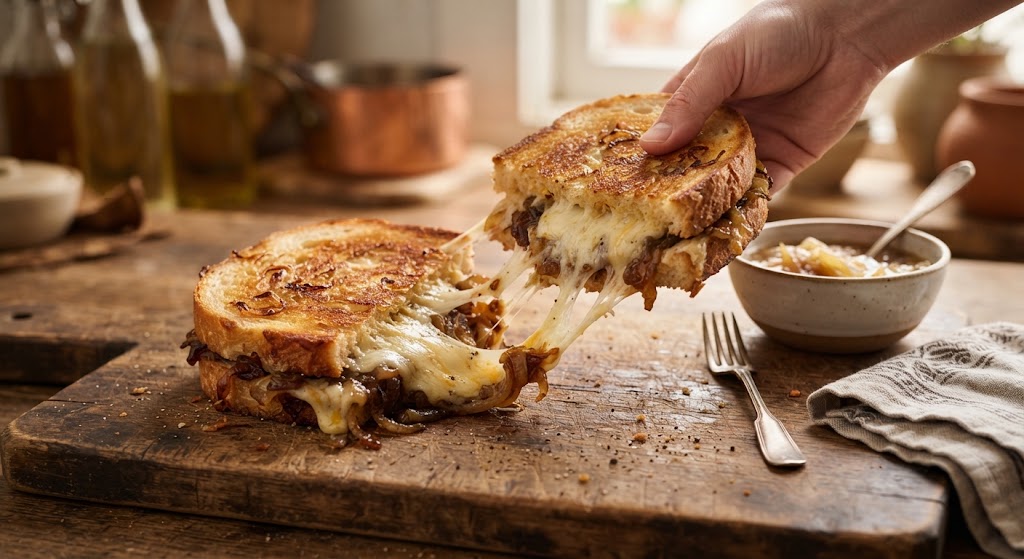Zkaramelizované cibulové „French Onion“ tousty s třemi sýry