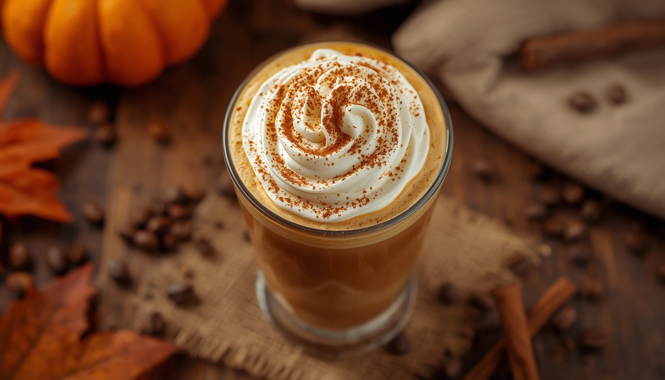 Domácí Pumpkin Spice Latte jako z prémiové kavárny: Tento podzimní trik musíte vyzkoušet! lucid-origin_Top-down_food_photography_of_a_tall_glass_of_pumpkin_spice_latte_topped_with_thi-0